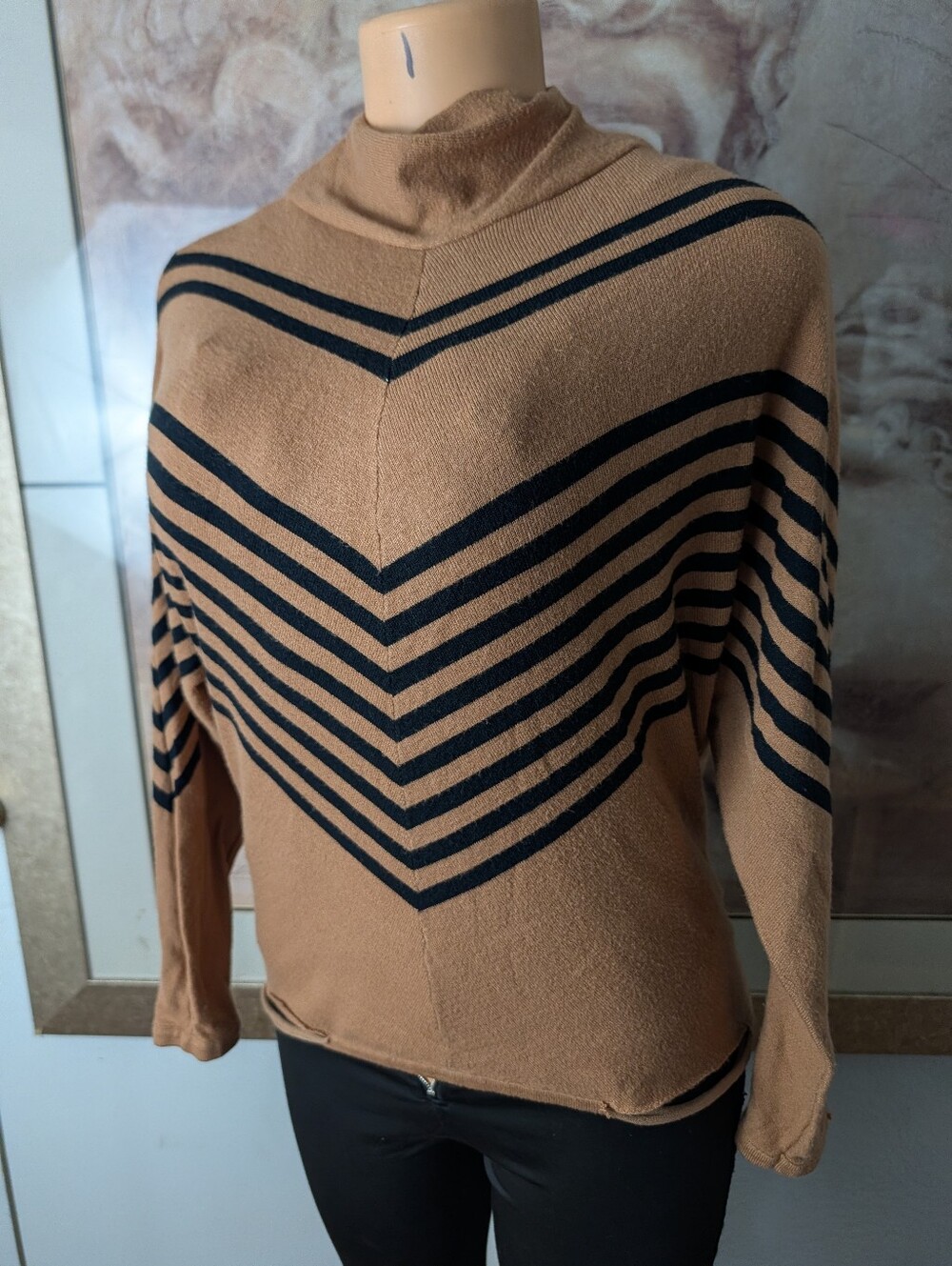 Tahari Black and Camel Chevron Knit Sweater Custom Cutouts Size M